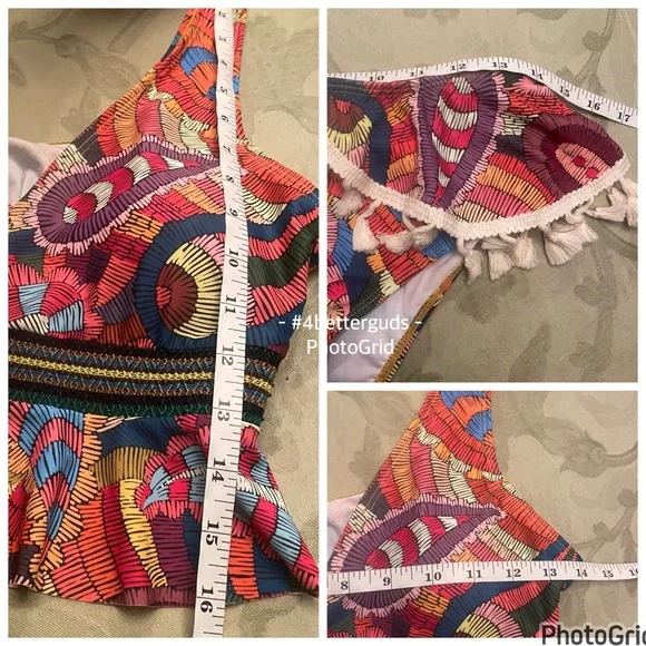 New Tankini Ruffle Colorful Abstract Graphic Boho Print Tassel Swimsuit Medium - Picture 11 of 16